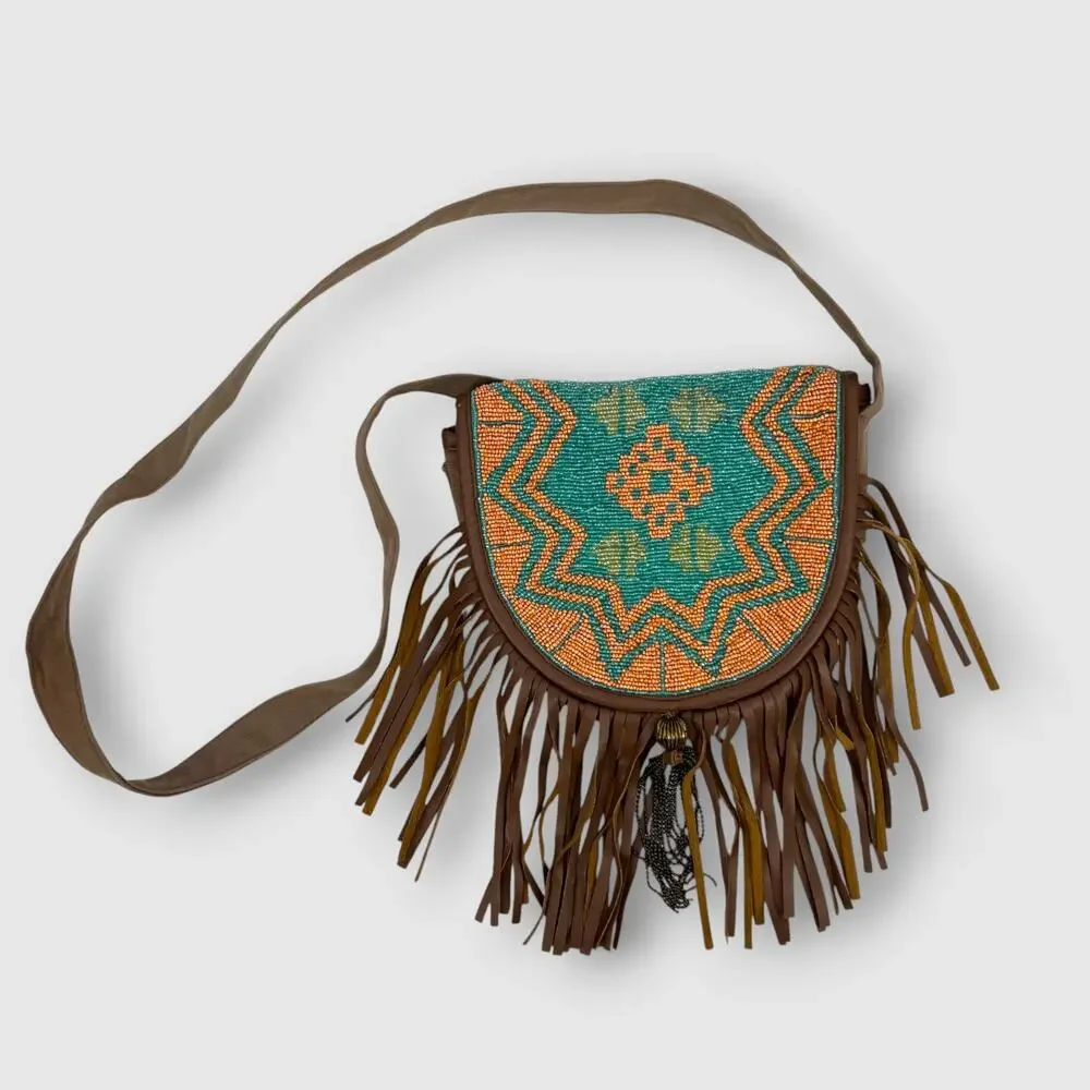 Earthbound Trading Co. Beaded Fringe Saddle Crossbody Boho Bag